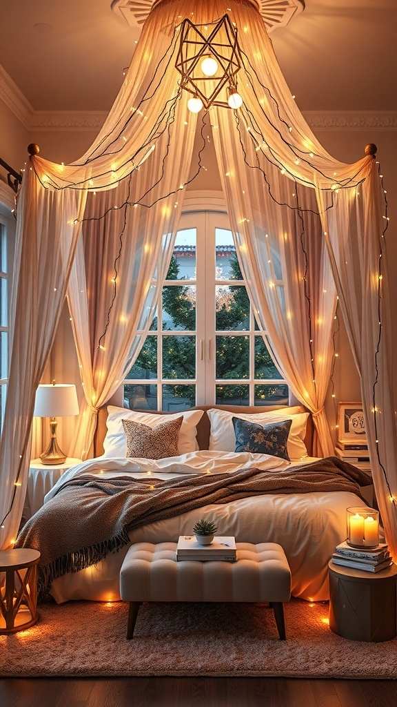 Canopy draped with warm white Christmas lights, starry effect, cozy bed, and dark evening ambiance.