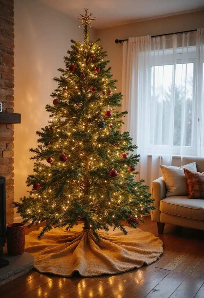 Classic christmas tree with warm lights and a beige burlap tree skirt in a cozy room.