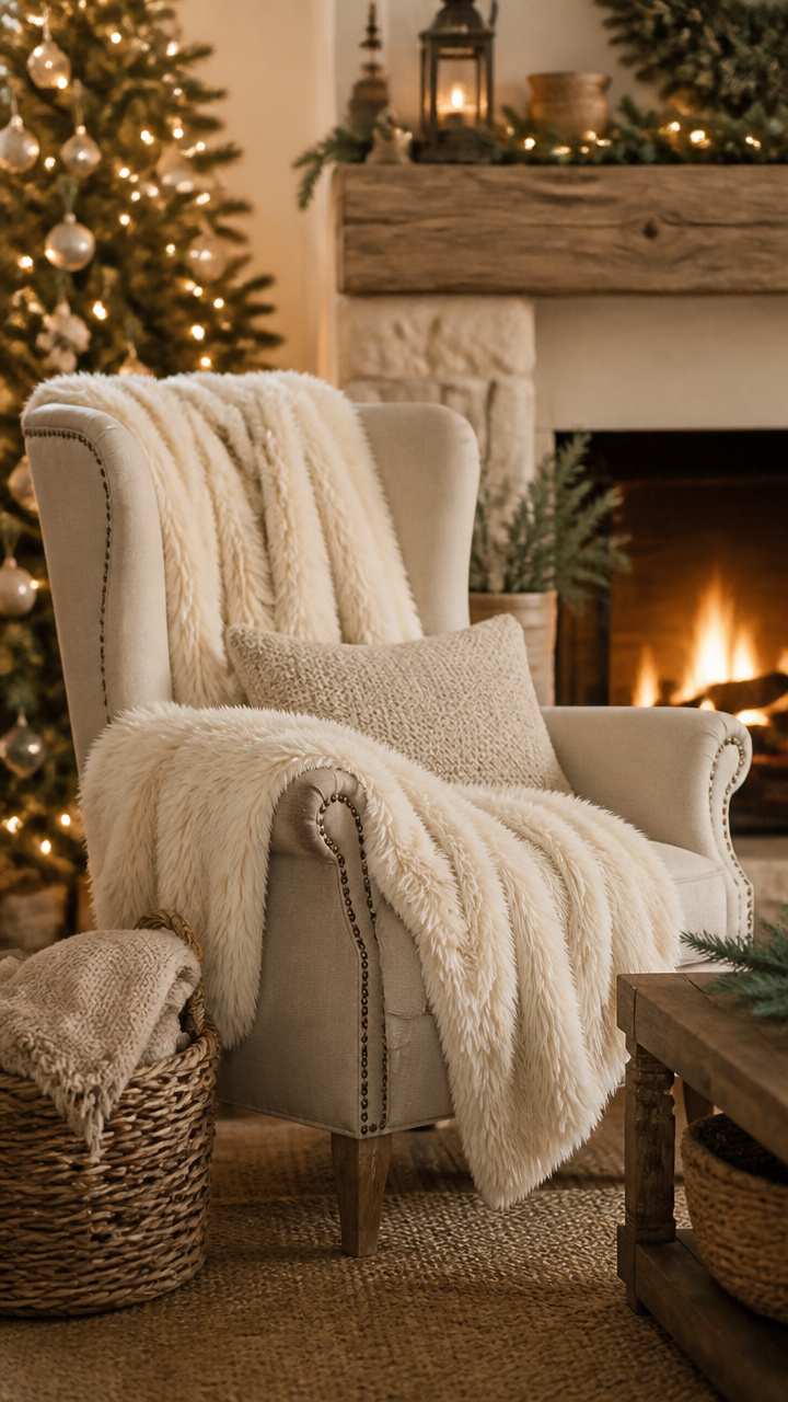 Cozy beige armchair with a faux fur blanket in front of a lit fireplace.