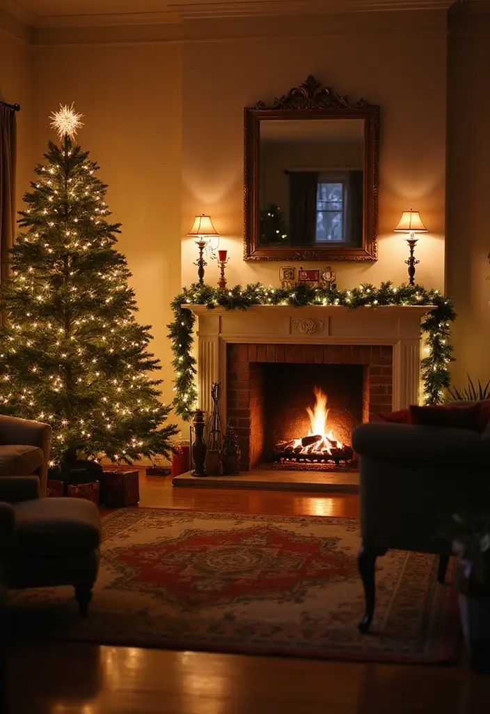 Classic living room featuring a lit fireplace, traditional christmas tree, and warm ambient lighting.