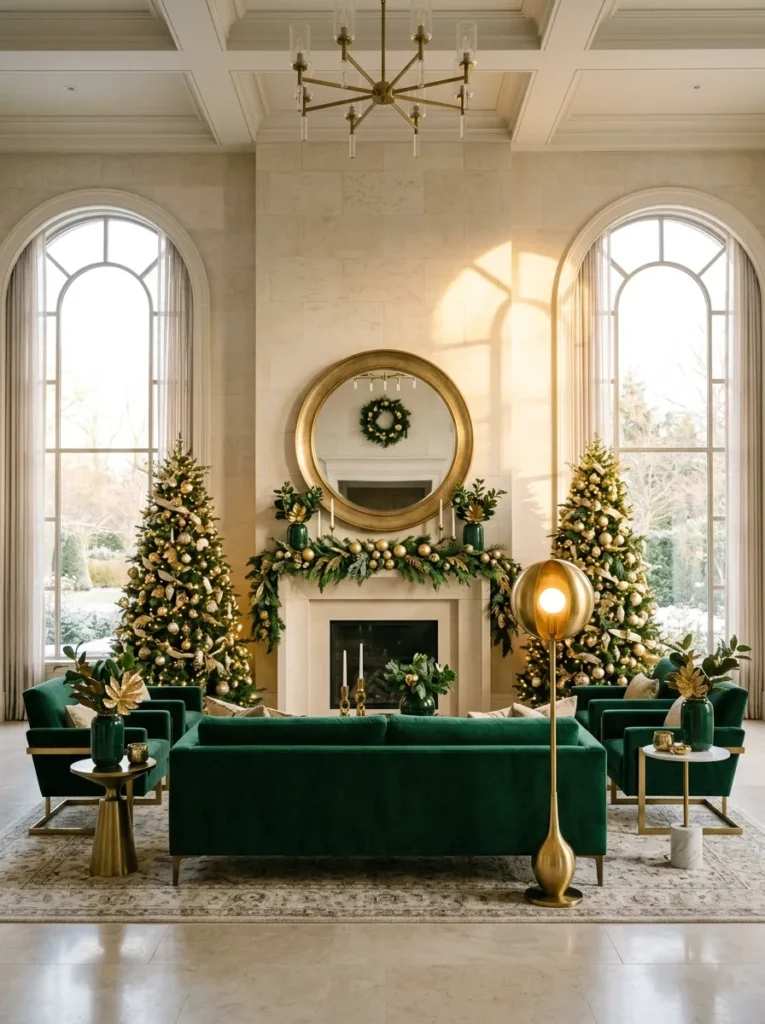 Emerald green sofa positioned between two christmas trees decorated with shimmering gold ornaments.