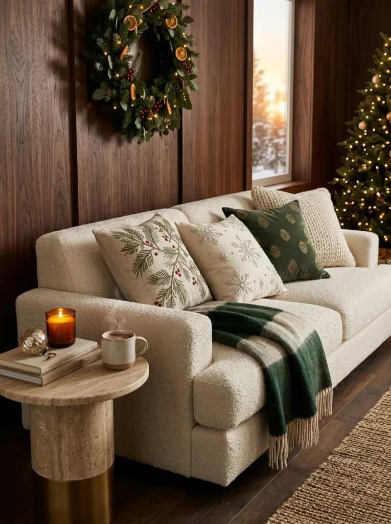 Cream boucle sofa adorned with festive red and green throw pillows next to a decorated tree.