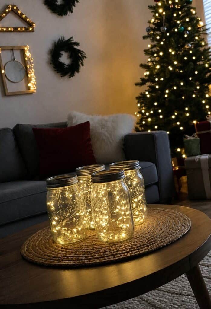 Coffee table displaying four mason jars filled with warm glowing fairy lights in a cozy room.
