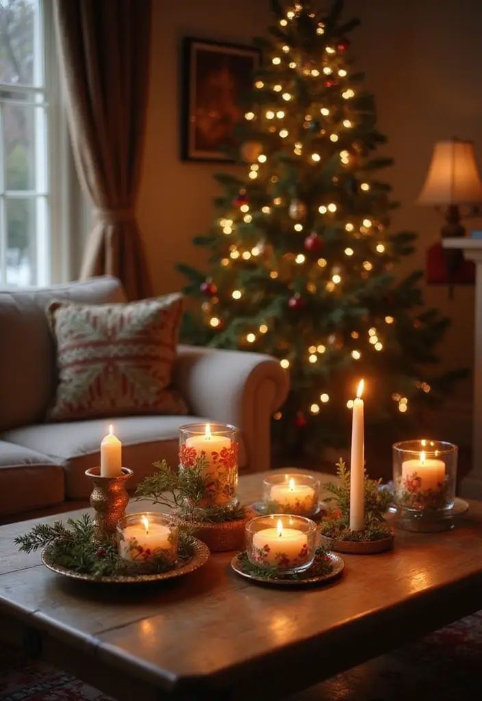 Close up of glowing candles on a wooden tray in front of a softly blurred christmas tree.