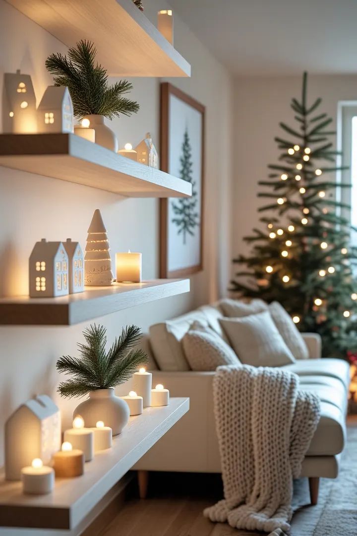 Floating shelves displaying illuminated white ceramic houses next to a large lit christmas tree.