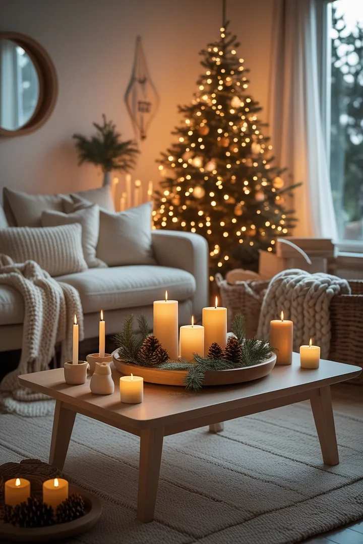 Coffee table with lit candles, scattered pinecones, and a christmas tree in the background.