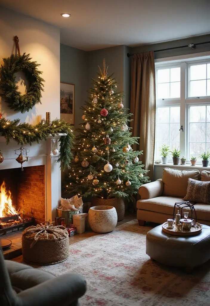 Fireplace mantle draped in lit garland with a large illuminated tree by the window.