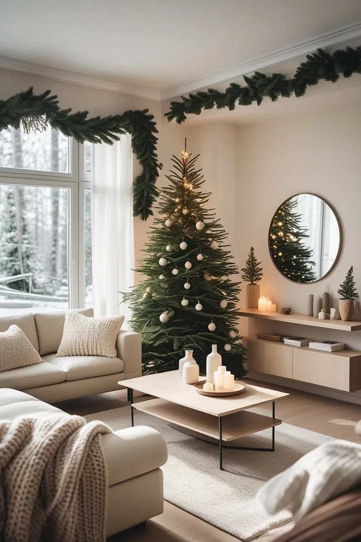 Pine garland wrapped around a large mirror next to a tree with white ornaments.