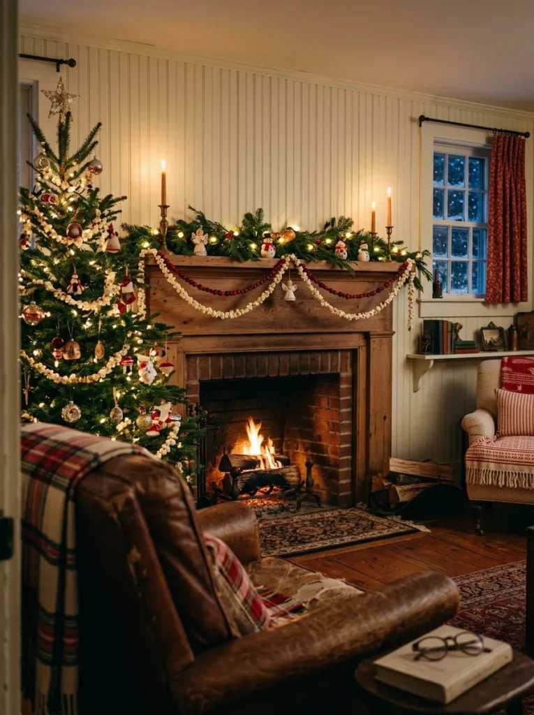Popcorn garland decorating a lit christmas tree and the mantle above a fireplace.