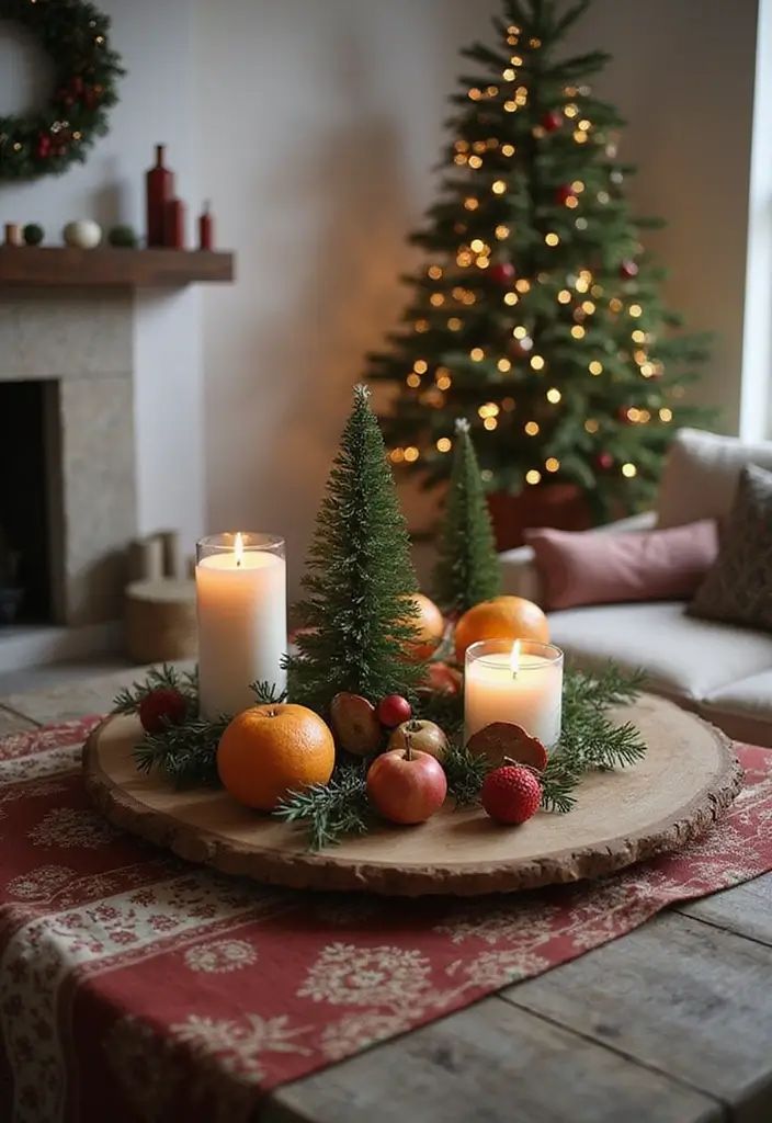 Rustic wood slice centerpiece with candles, fresh oranges, and mini trees on a coffee table.
