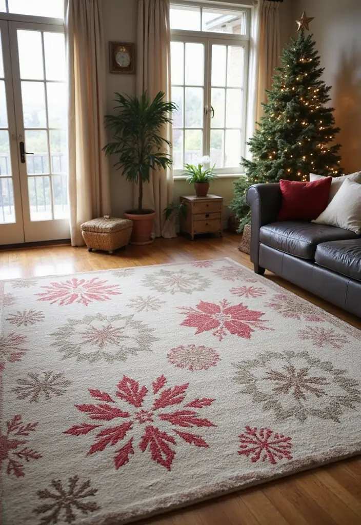 Snowflake patterned rug under a lit christmas tree and a brown leather couch.