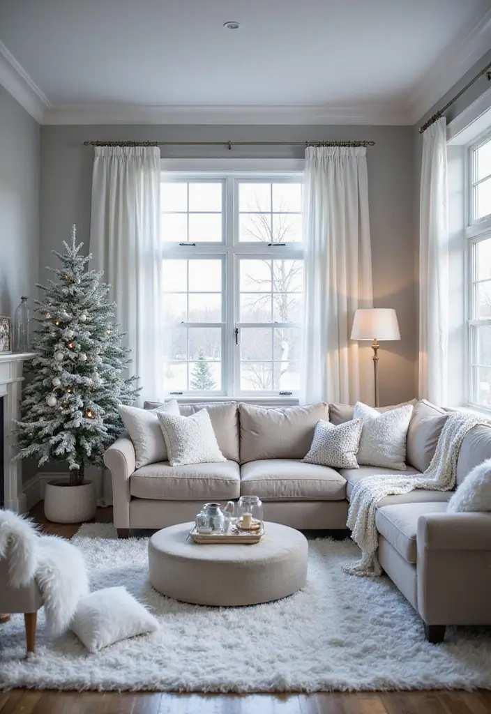 Snowy flocked christmas tree next to a bright window and a light beige sectional sofa.