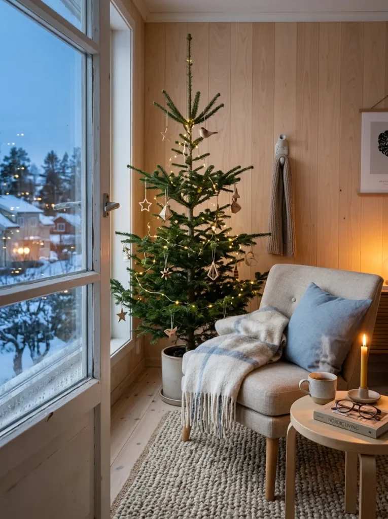 Sparse nordic christmas tree decorated with geometric wood ornaments in a minimalist room.