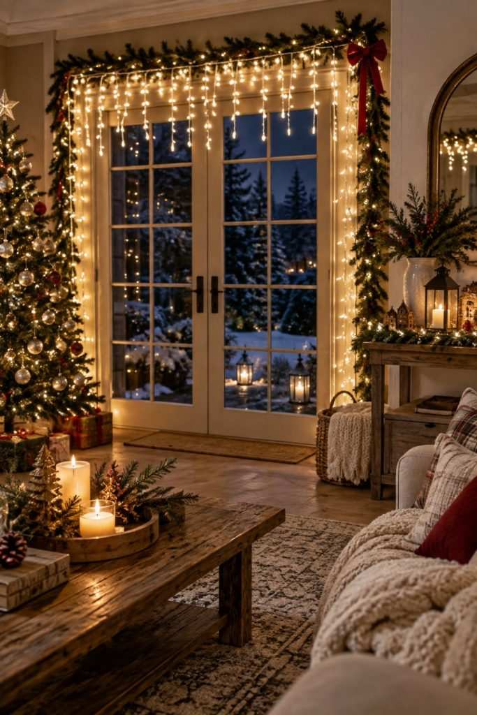 String lights framing glass doors with a lit garland and christmas tree in the foreground.