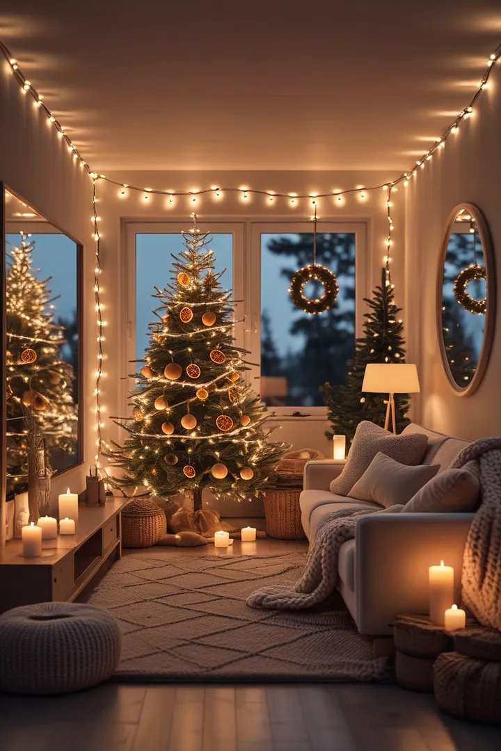 String lights hung from the ceiling above a tree decorated with dried orange slices.