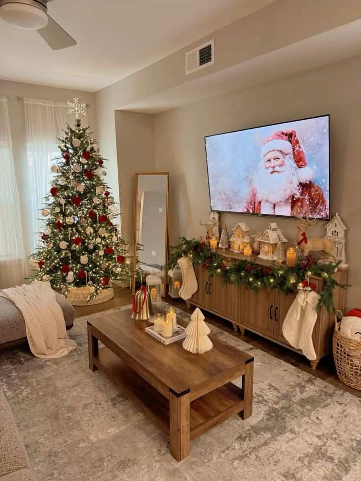 TV playing a santa movie with a lit garland above it and a christmas tree nearby.