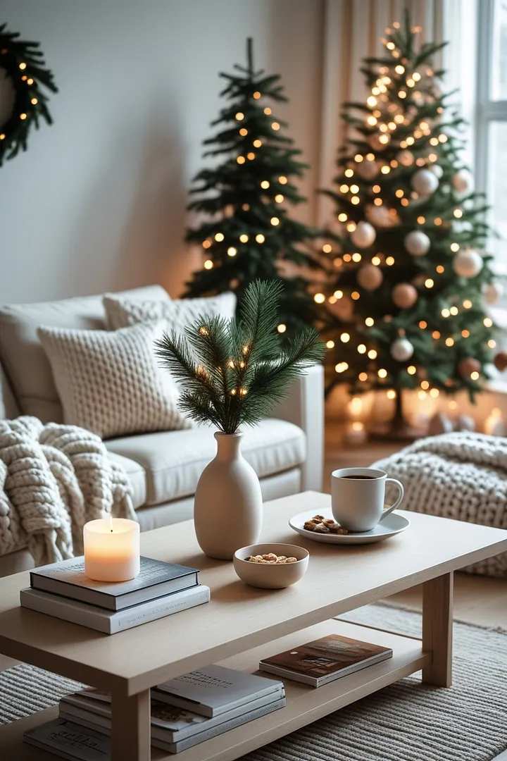 Warm living room with a coffee mug, glowing tree, and cozy textiles in soft lighting.
