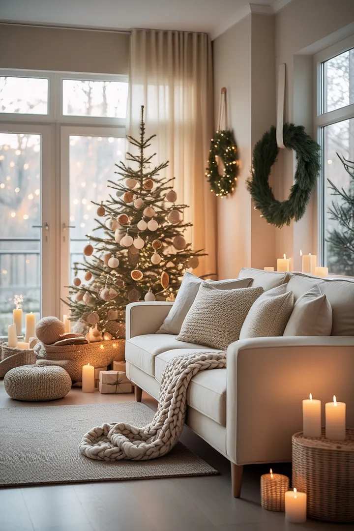 White couch with a chunky knit blanket and a tree decorated with dried orange slices.