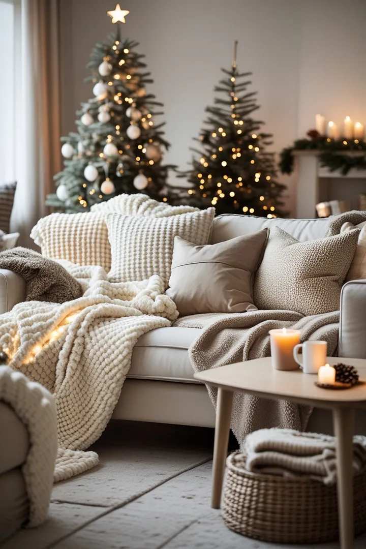 White couch with a chunky knit blanket and two illuminated christmas trees in the room.
