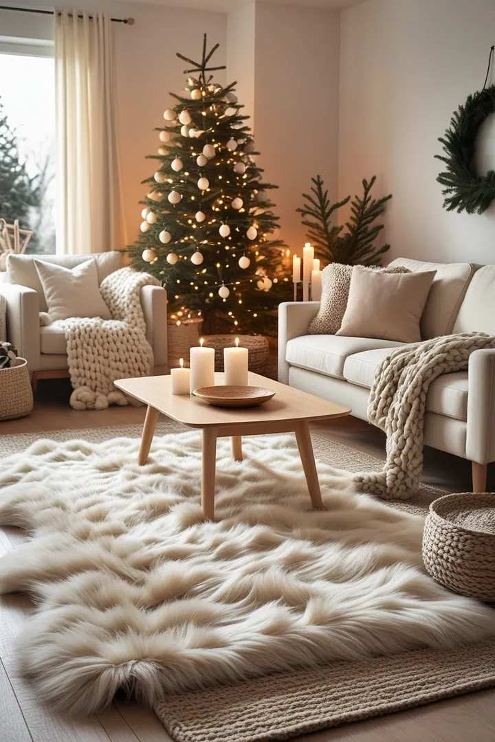 White faux fur rug with candles and a decorated christmas tree in a cozy living room.