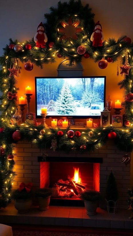 Loft, TV above mantel, layered candle cluster, soft amber uplighting, dark wood accents.