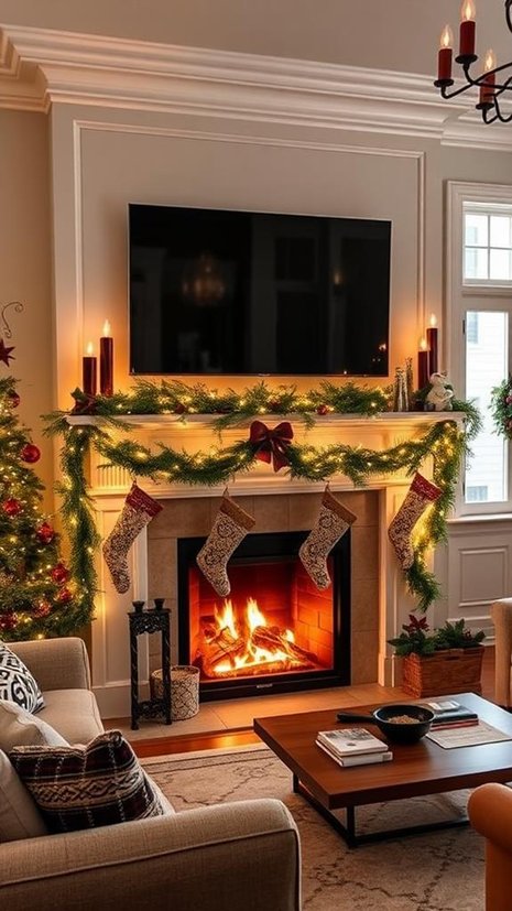 Minimalist living room, TV above mantel, hidden cable trunk, sleek black garland, matte black lighting.