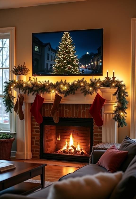 Artistic loft, TV above mantel, mixed media collage, abstract ornaments, eclectic lighting.