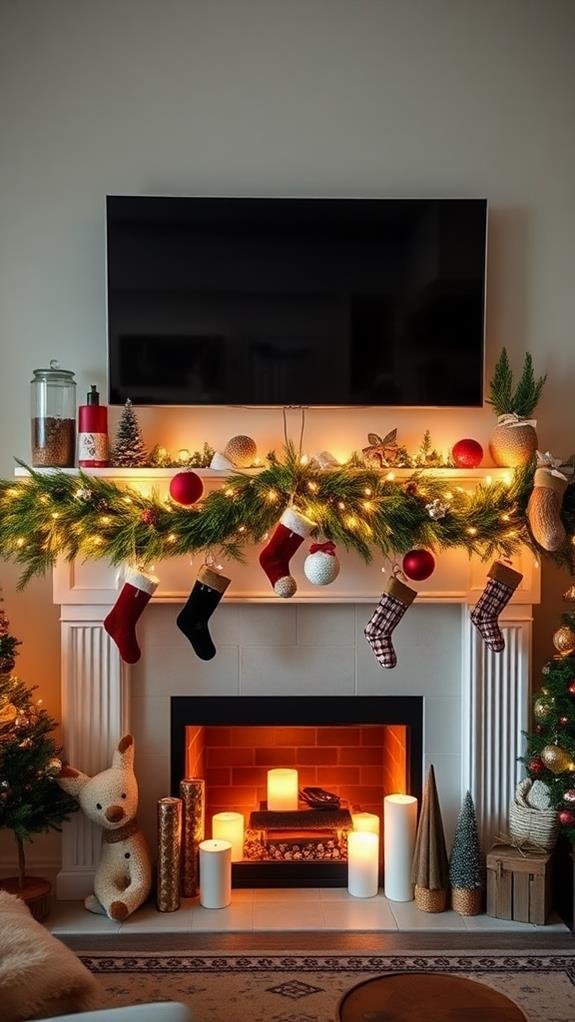 Home office with TV above mantel, hand‑painted wooden stockings, mixed‑material garland, warm lamp lighting.