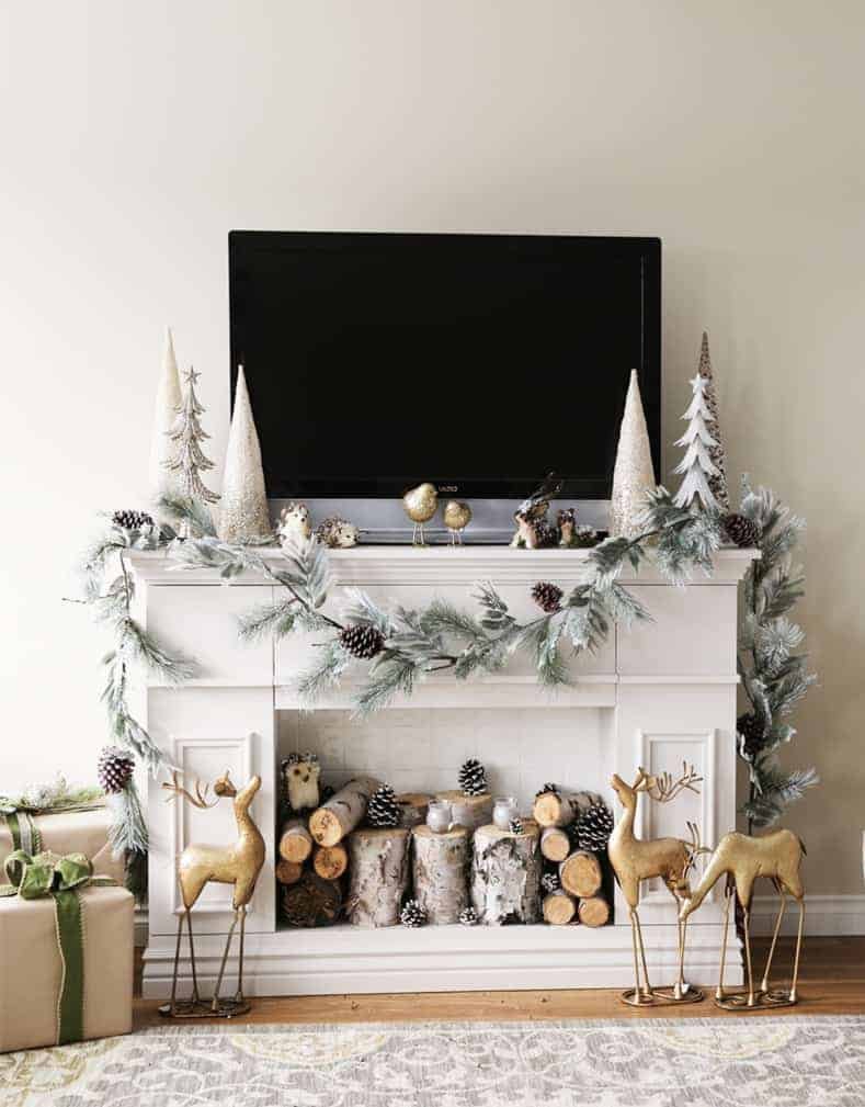 Modern condo, TV above faux brick fireplace mantel, ember LED lights, rustic wooden accents, cool white lighting.
