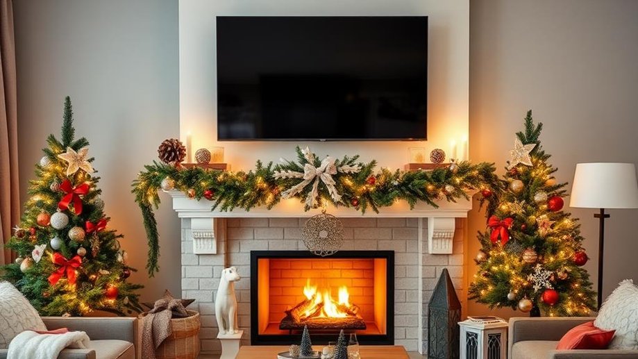 Grand living room, TV above mantel, fully decked with garland, ornaments, stockings, bright lighting.