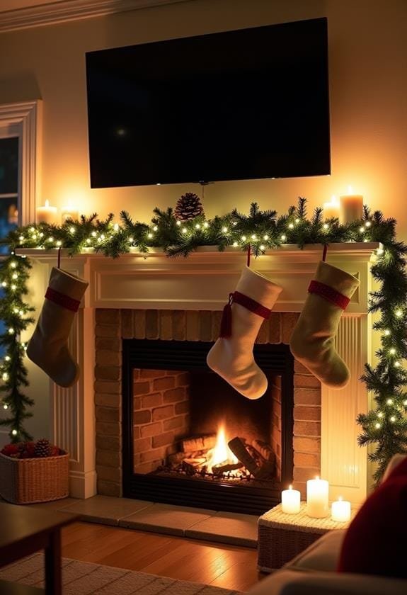 Modern family room, TV above mantel, twinkling LED string lights, metallic ornaments, cool white lighting.