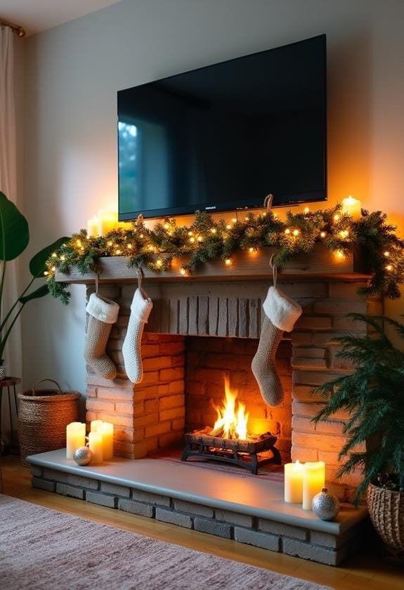 Modern apartment, TV above faux stone fireplace mantel, metallic ornaments, soft gray sofa, cool white lighting.
