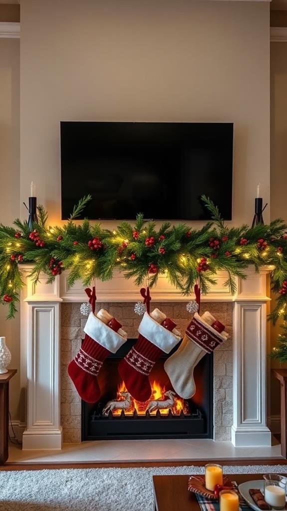 Contemporary lounge, TV above mantel, cascading curved garland with mixed foliage, white candles, cool LED lighting.