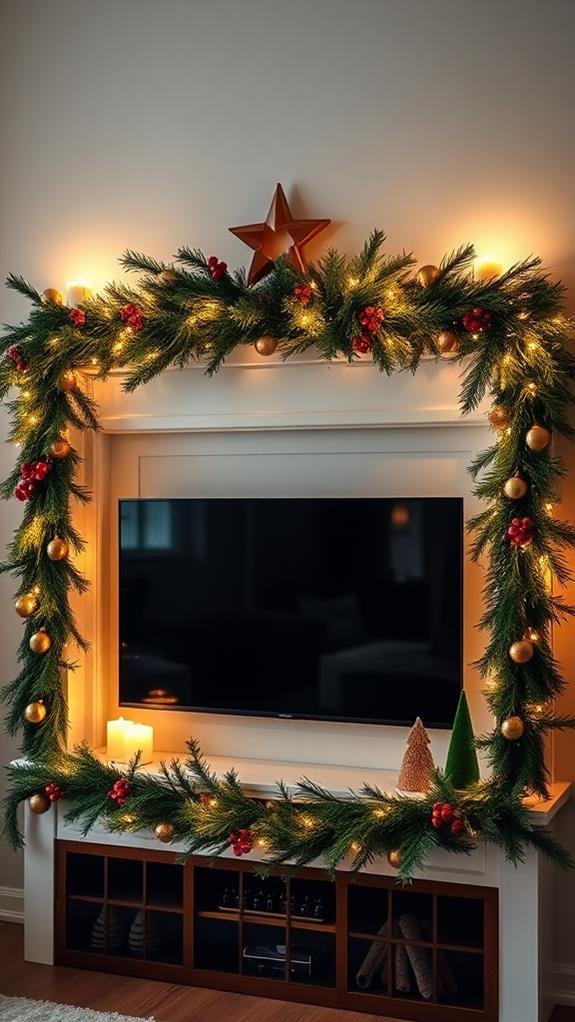 Urban apartment, TV above mantel, abundant evergreen boughs, natural wood accents, warm lighting.