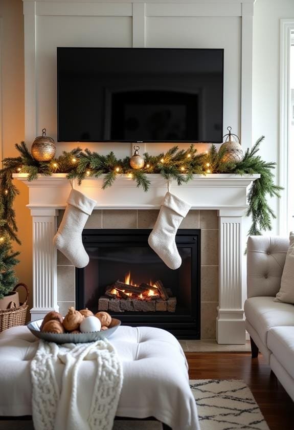 Family den, TV above mantel, DIY felt heart garland, reclaimed wood frame, warm lighting.