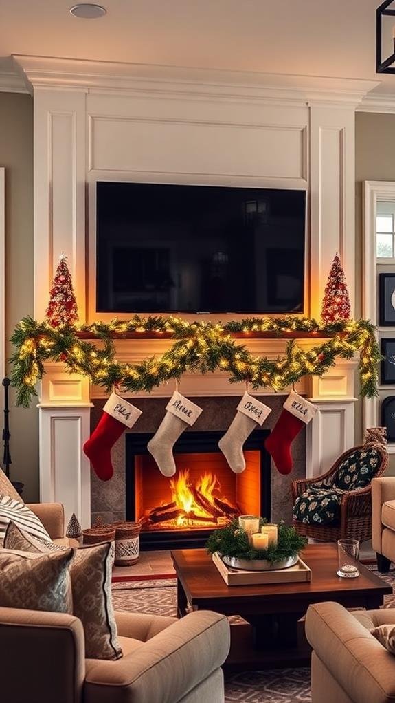 Open‑plan living, TV above wide mantel, symmetrical garland, mirrored accents, neutral tones, balanced lighting.