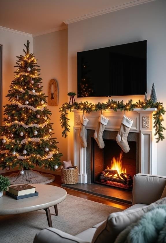 Sophisticated lounge, TV above marble mantel, black and gold ornaments, sleek lines, cool lighting.
