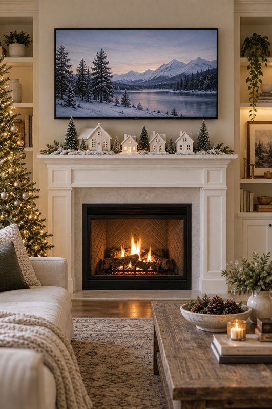 Modern loft with TV above sleek white mantel, ivory wool garland, soft gray sofa, cool daylight.
