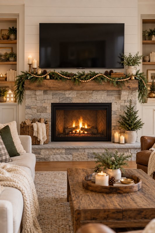 Urban studio, TV above black marble mantel, charcoal garland, white candles, soft warm lighting.