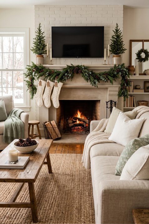 Bright living room, TV above whitewashed mantel, delicate snowflake garland, soft pastel lighting.