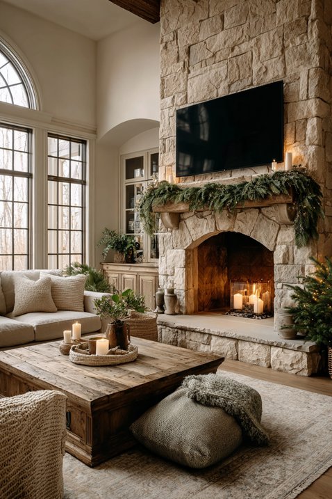 Light‑filled lounge, TV above beige mantel, ivory garland, cream cushions, warm natural light.