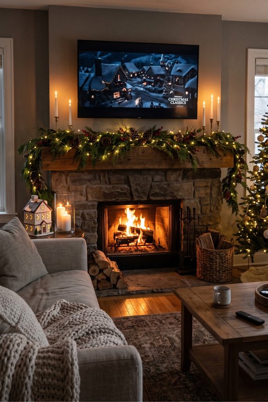 Cozy cottage, TV above taupe wood mantel, natural linen garland, soft amber lighting, vintage rug.