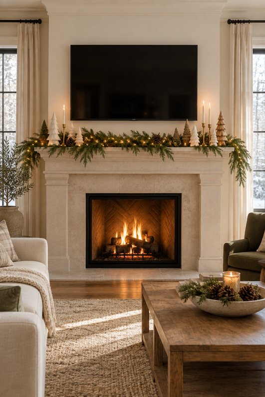 Minimalist loft, TV above slate gray mantel, silver wire garland, cool lighting, monochrome décor.