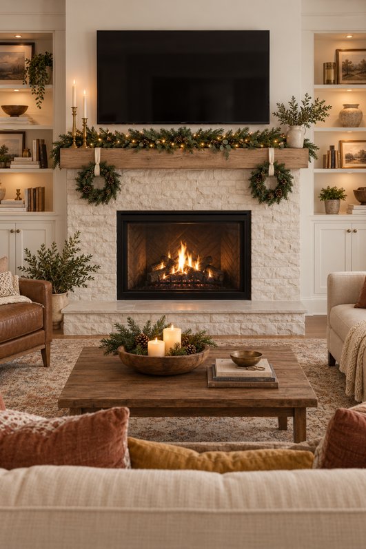 Nordic‑style living room, TV above mantel, pastel green eucalyptus garland, light wood trim, muted teal cushions.