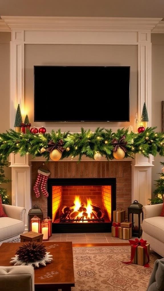 Contemporary loft, TV recessed behind mantel, flush garland, hidden lighting, monochrome palette.