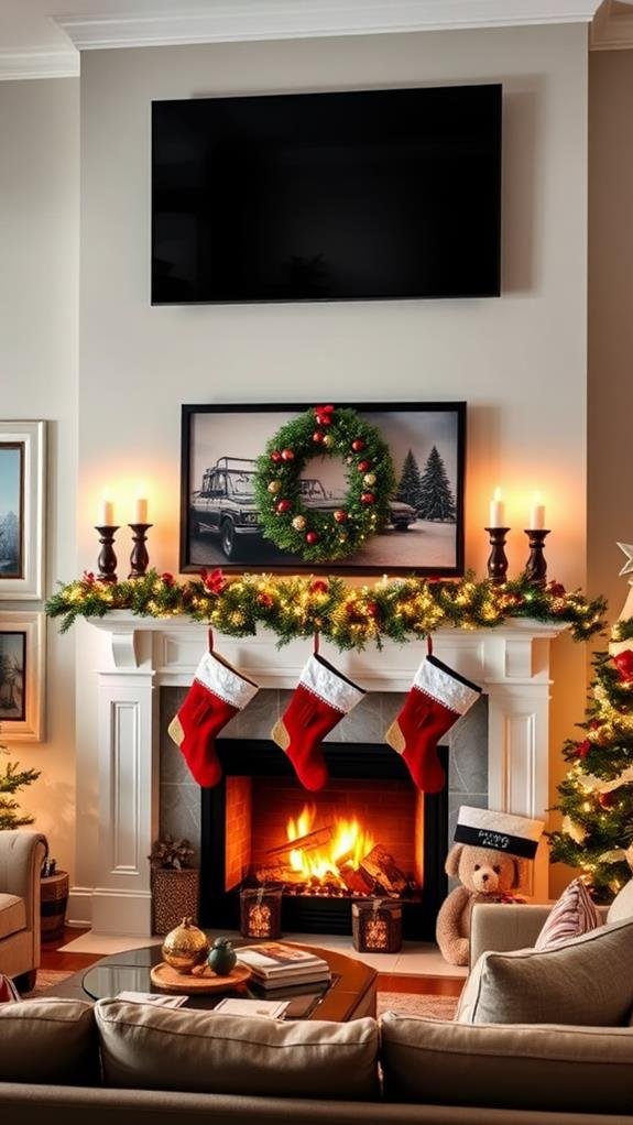 Multi‑use living area, TV above mantel, interchangeable seasonal décor panels, neutral base, soft lighting.