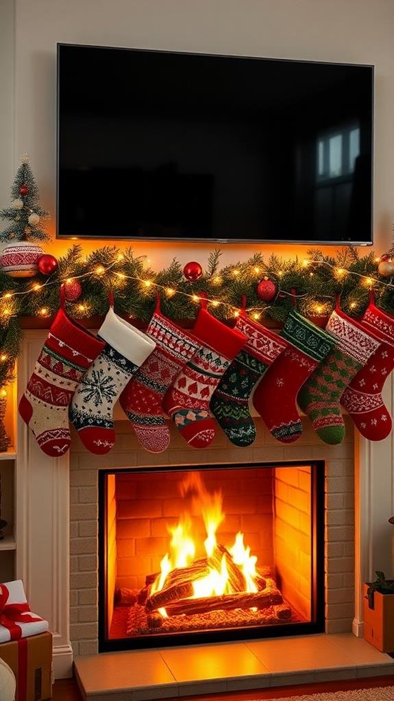 Family room, TV above mantel, oversized stockings, mixed‑fabric garland, plush rug, warm lighting.