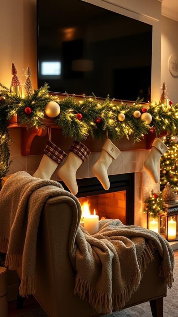 Cozy family room, TV above mantel, plush faux fur rug, warm amber lights, cinnamon scented candles.