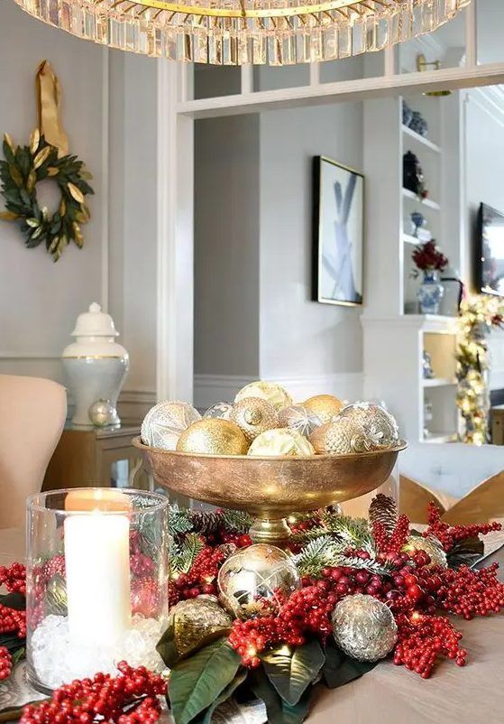 Dark green library wall featuring vintage wood shadowbox displaying colorful retro glass ornaments under soft spotlight.