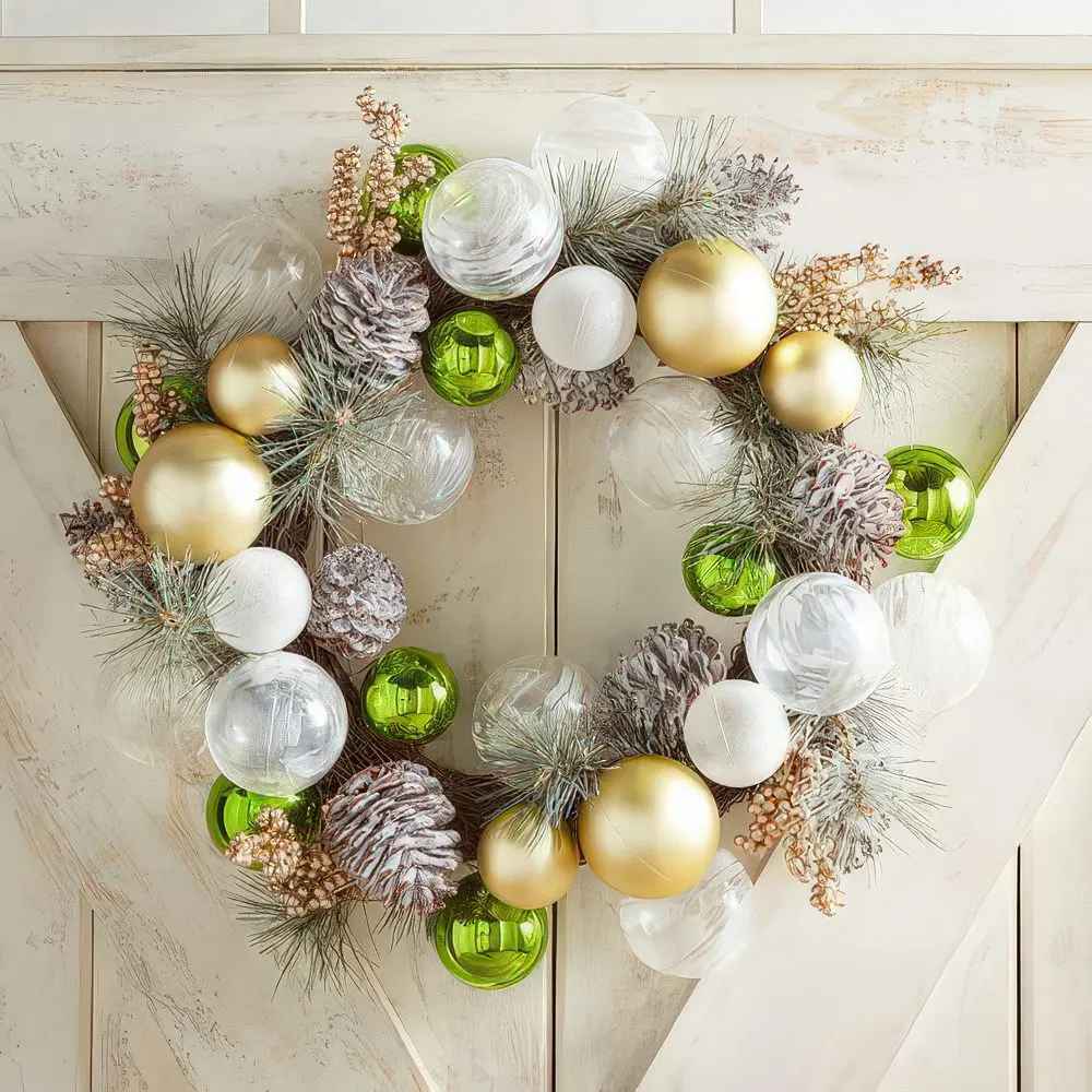 Minimalist white and light oak wood christmas ornament wreath hanging on a neutral entryway door with warm natural light.